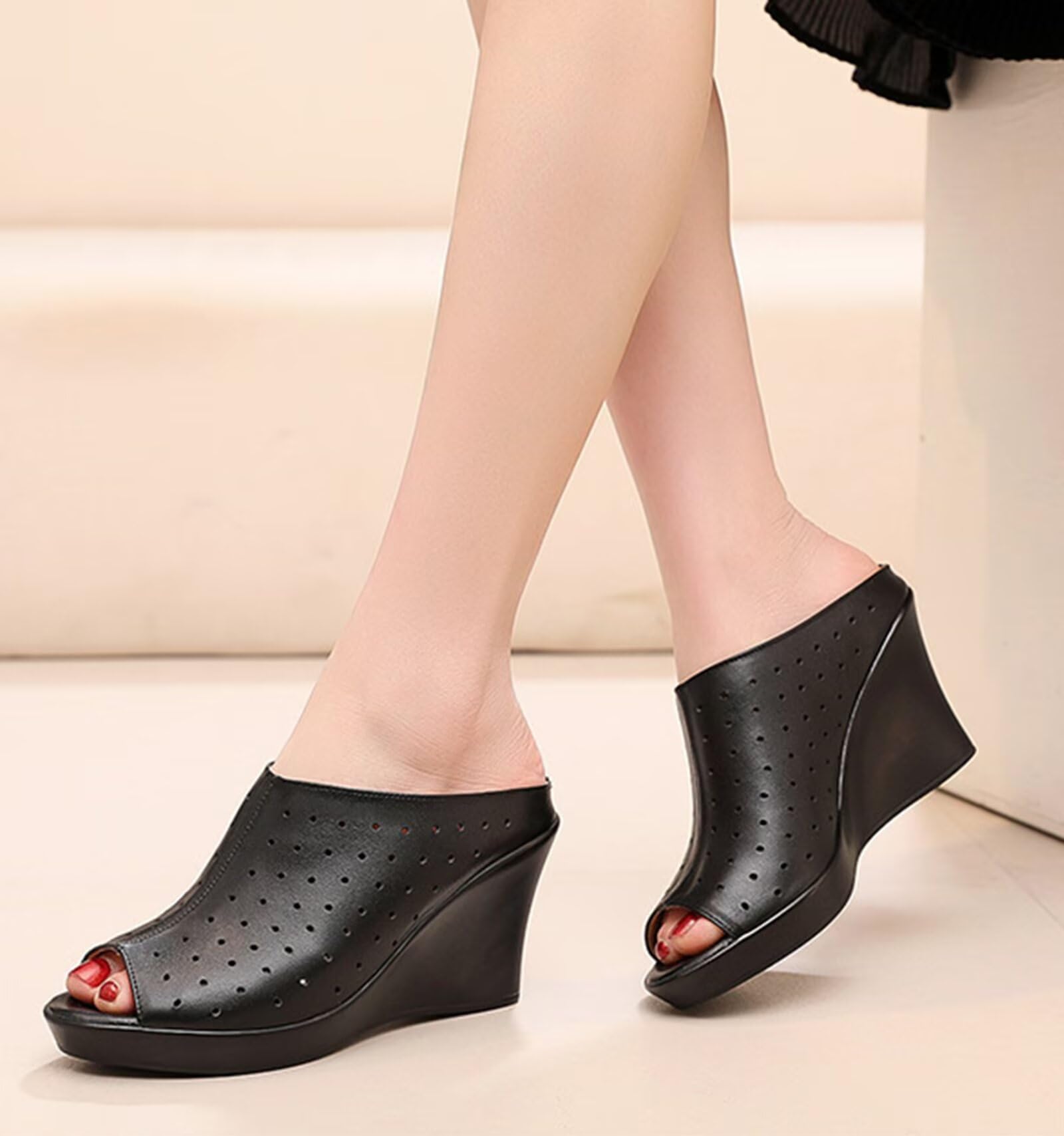 HNVAVQ Mules con Zeppa Donna in Pelle - Ciabatte Eleganti con Plateau - Sandali con Zeppa Alta per Estate, Ufficio e Feste (Tacco 8cm e 10cm)