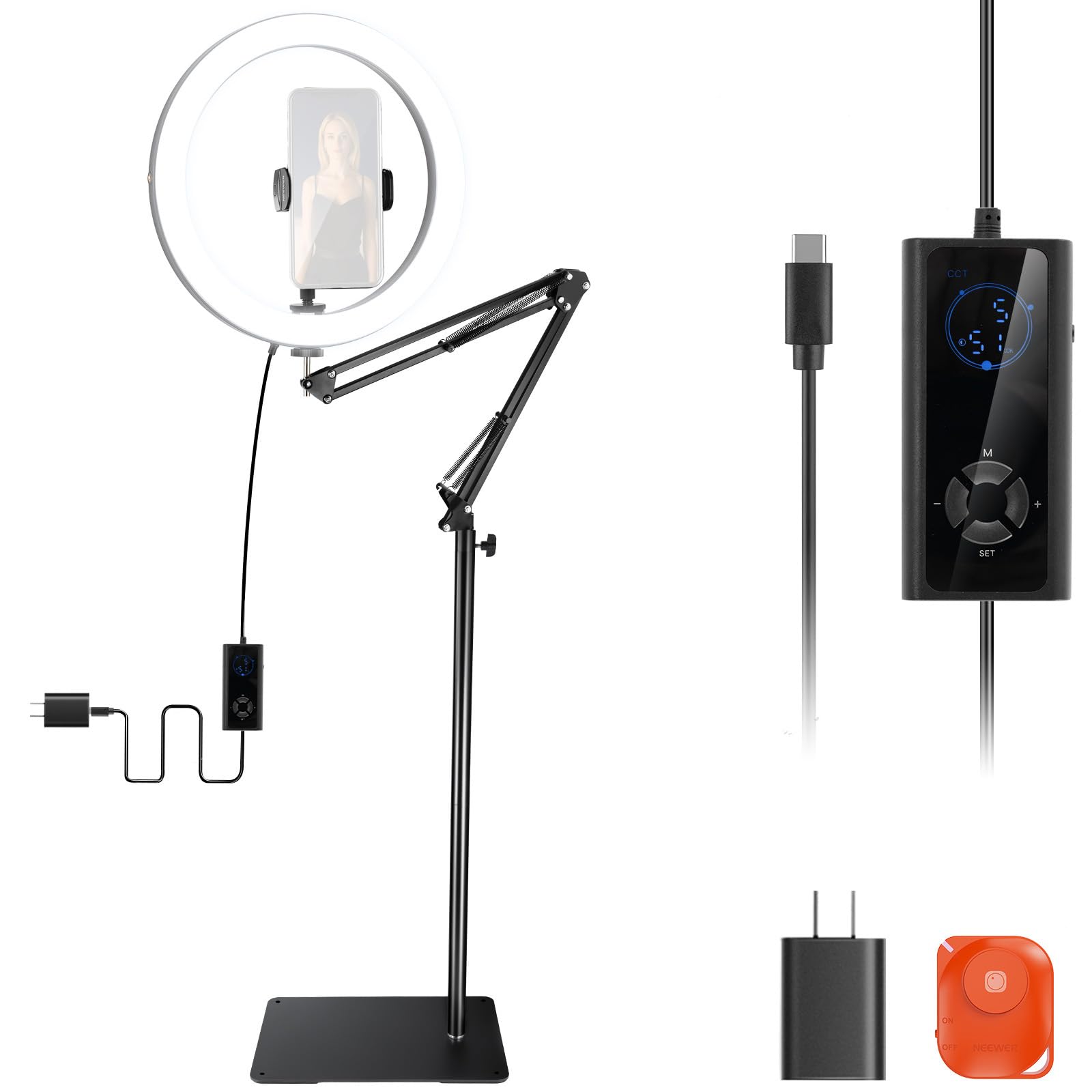 NEEWER 12" 24W High Power LED Ring Light Compatible with iPhone, 60" Overhead Folding Light Stand/Phone Holder Mount for Video Recording Selfie Makeup