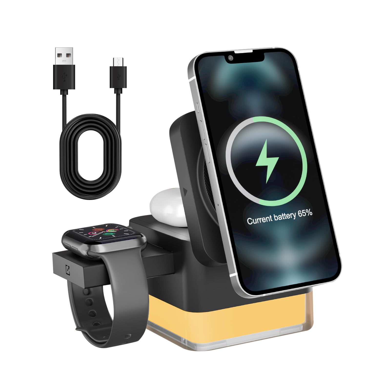 Wireless Charger Charging Station, 4 in 1 Fast Charger Stand for 17 16e 16 15 14 13 12 11 - Watch 11 10 9 8 7 6 5 4 3 2 SE and Ultra Series - Airpods 4 3 Pro with Night Light