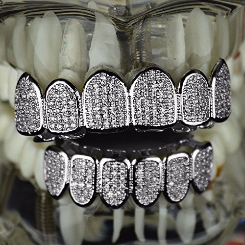 Premium Grillz Set Cz Cubic Zirconia Bling Silver Tone Top & Bottom Teeth Custom Hip Hop Grills #TOP1