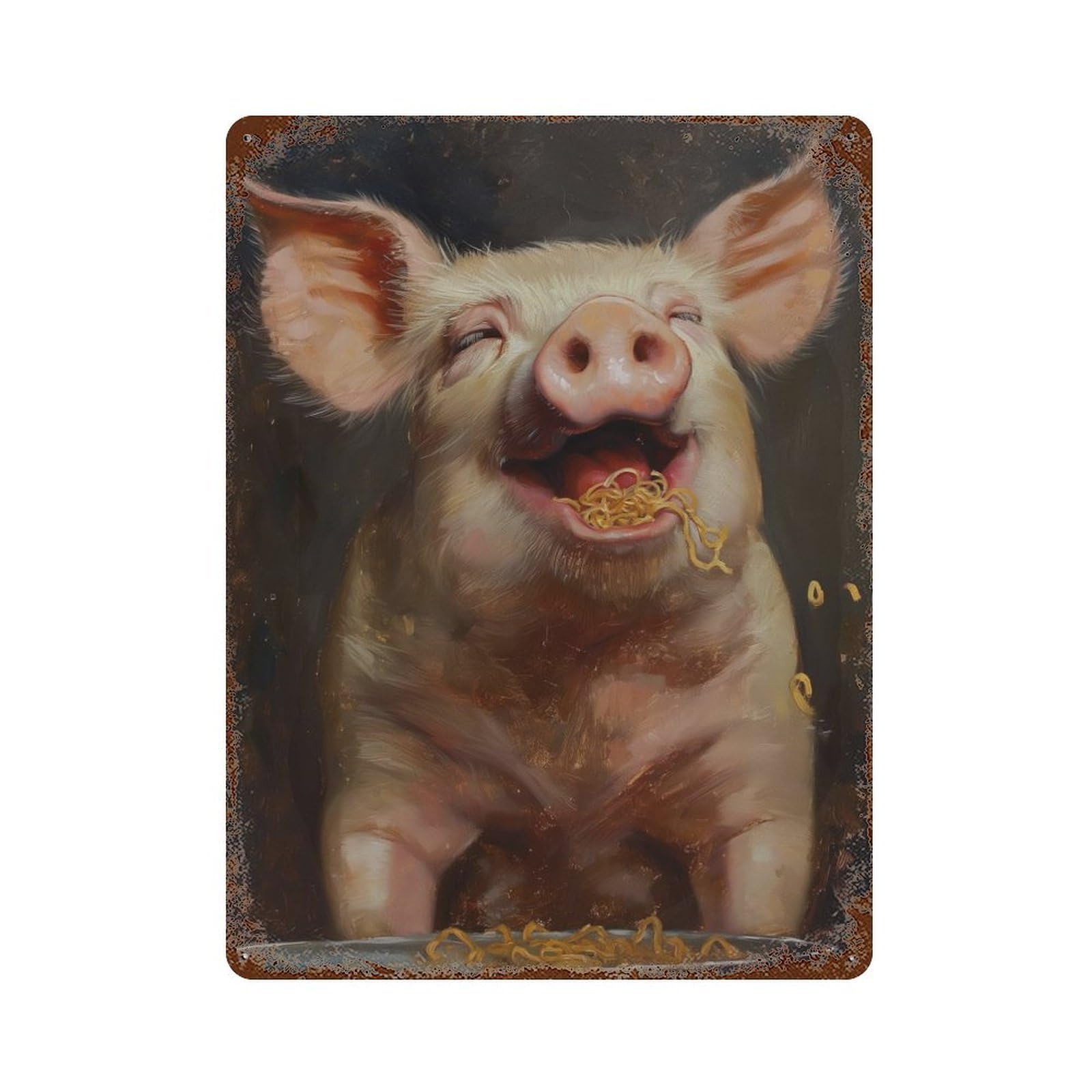 Distressed Metal Wall Sign Happy Pig Ramen Noodles 15.7"x11.8", Vintage Wall Decor for Cafe, Home Bar And Lounge Decor