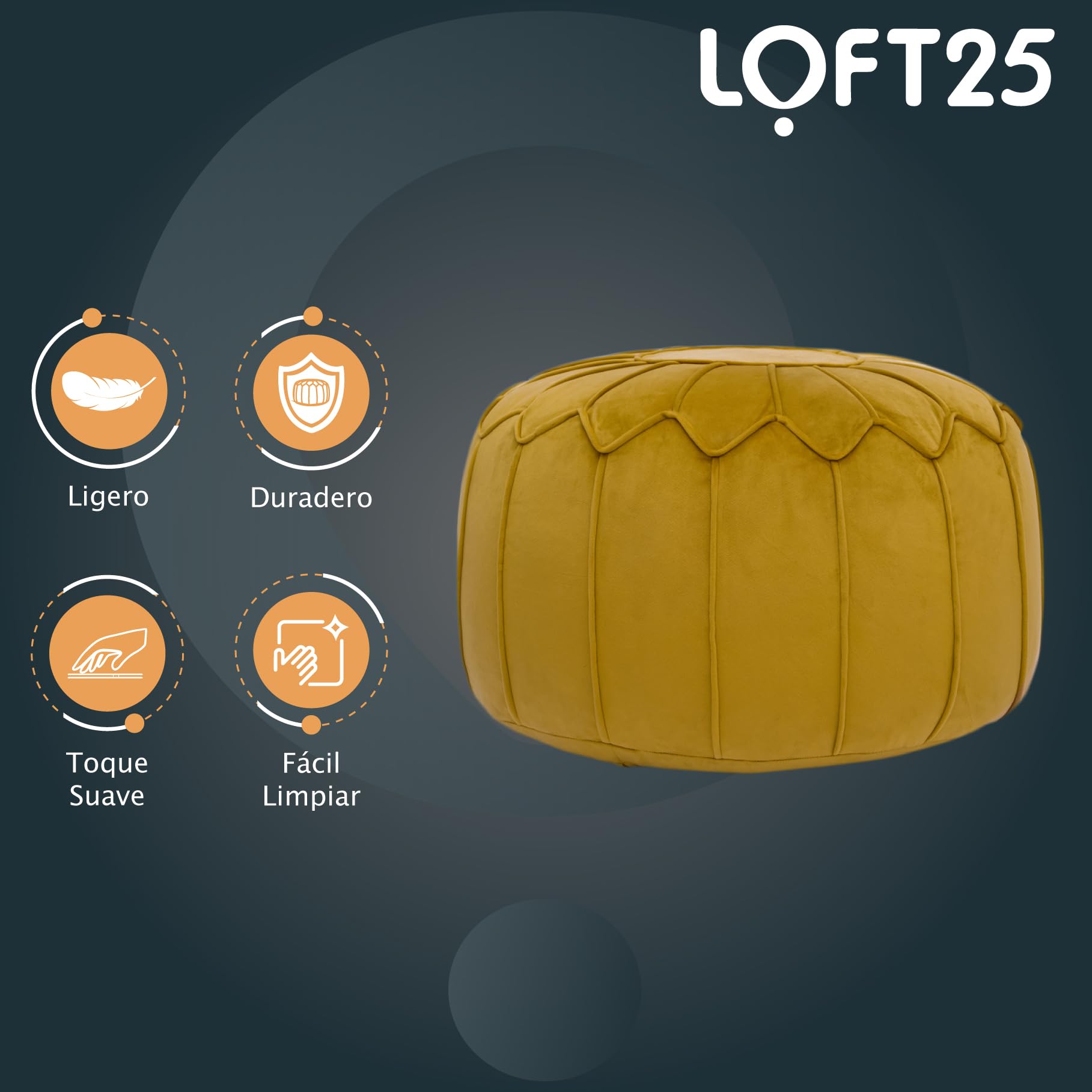 Loft 25 Reposapiés Puff Redondo | Comodo reposapies Salon Y Dormitorio para Adultos | Diseño Ergonómico Bean Bag para Horas De Relajación | Ligero Puf con Relleno Incluido (Cúrcuma)