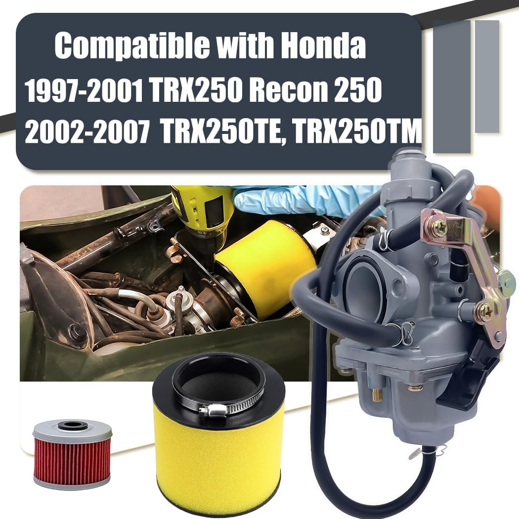 Recon 250 Carburetor with Fuel Tank Petcock Valve Set Fits for Honda TRX 250 Recon250 TRX250TM TRX250TE ATV Carb w/Air Filter Oil Filter Spark Plug 16100-hm8-b01