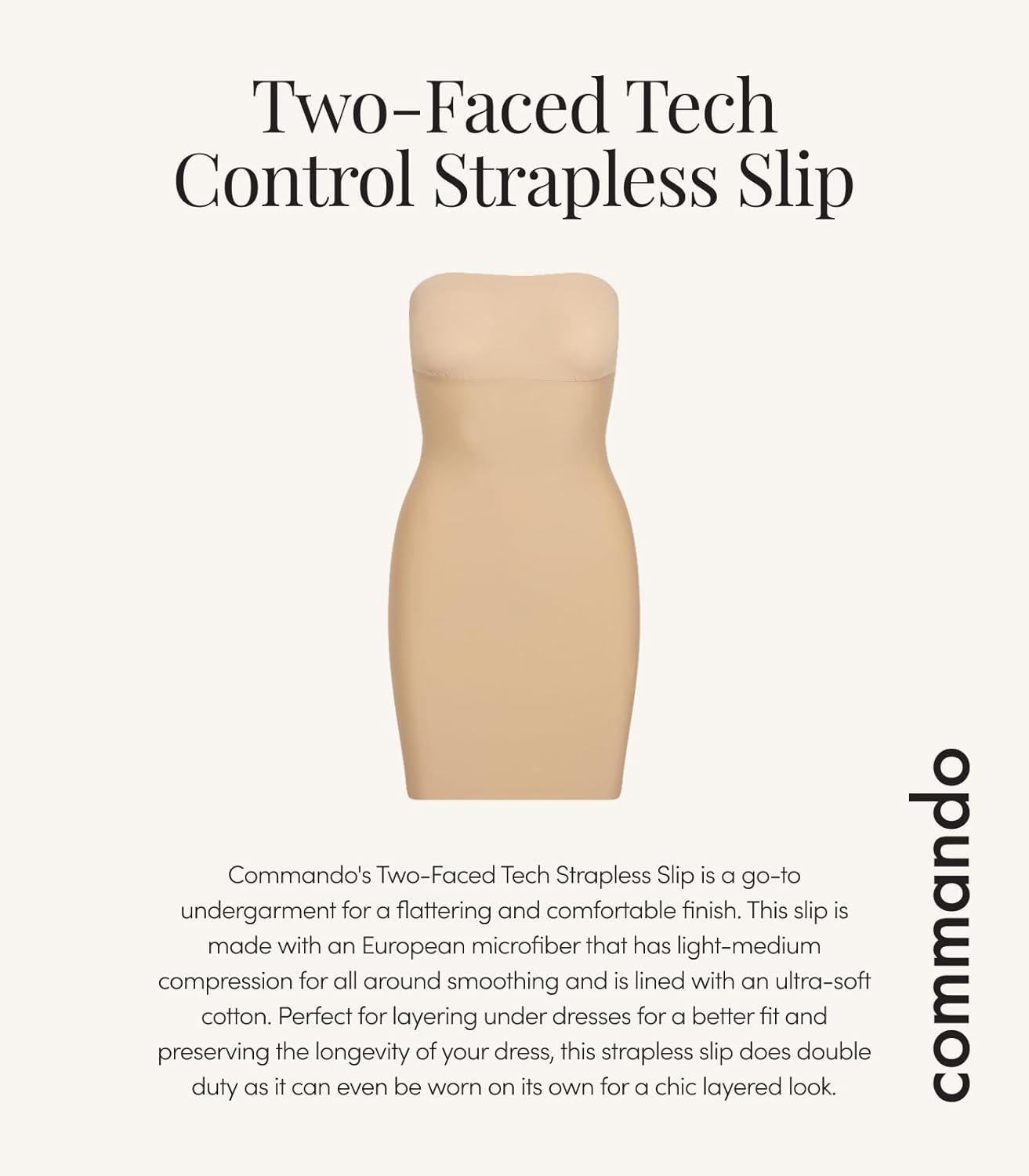 commando Two-Faced Tech Control Strapless Slip | Strapless Shapewear with Light-to-Moderate Compression | Seamless Finish | Beige, XL