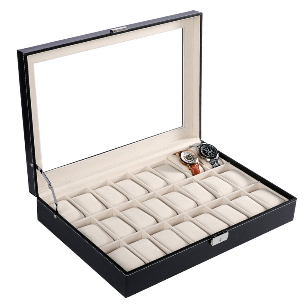 COFANETTO PORTA OROLOGI 24 POSTI IN SIMILPELLE COPERCHIO IN VETRO 43x28x9,5CM