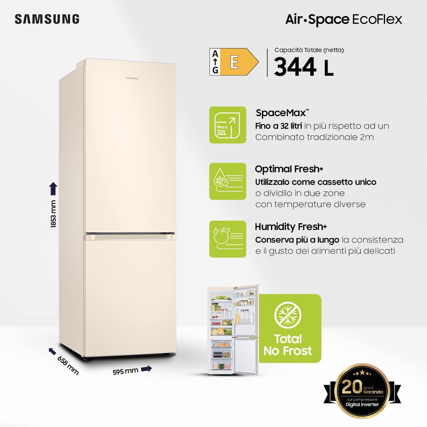 Diagram showing the dimensions, capacity, energy label, and key features of the refrigerator.