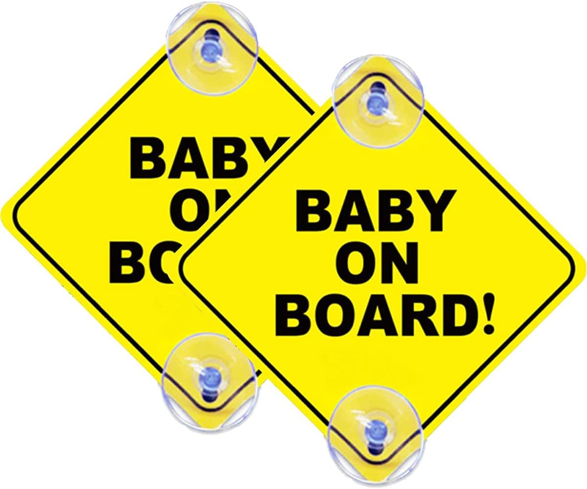 2Pc Baby On Board Signs Double Suction Cups, Car Signs Baby On Board - Kids On Board Car Sign - Baby in Car Sticker - Child On Board Car Sticker -Baby On Board Suction Signs for Car Window Cling 5"x5"