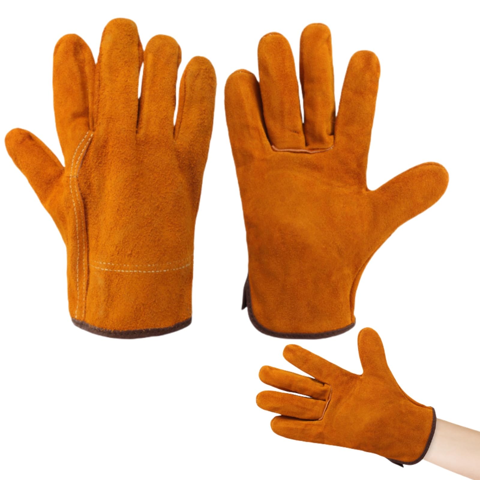 Tokaneit 2 Piezas Guantes Soldador Profesionales, Guantes Jardinería Cuero, Guante Cuero Soldadura, Doble Costura en Los Dedos, para Soldar Electrodo, Barbacoas, Jardinería, Amarillo