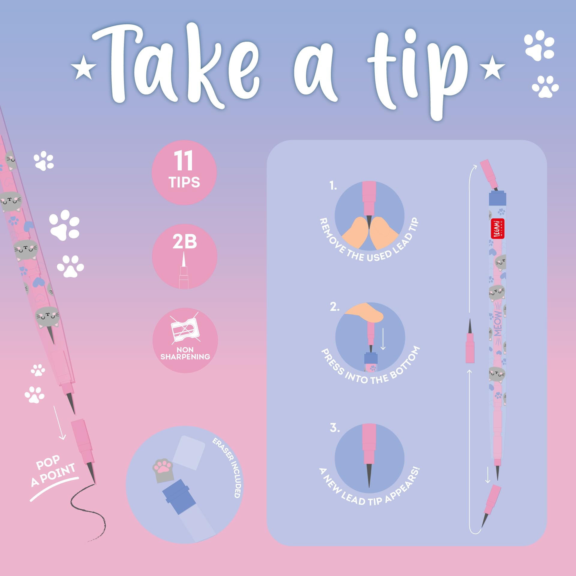 Legami Matita Impilabile Take a Tip Kitty 11 Mine 2B Senza Temperamatite Gomma TPR ABS