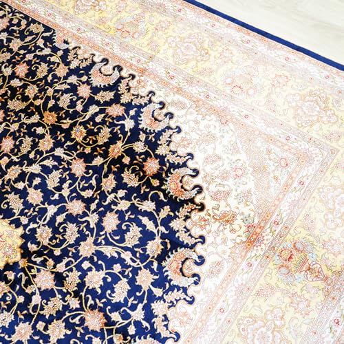 Yuchen Carpet Oriental Silk Rug 7x10 Blue Handmade Traditional Vintage Silk Rug for Living Room