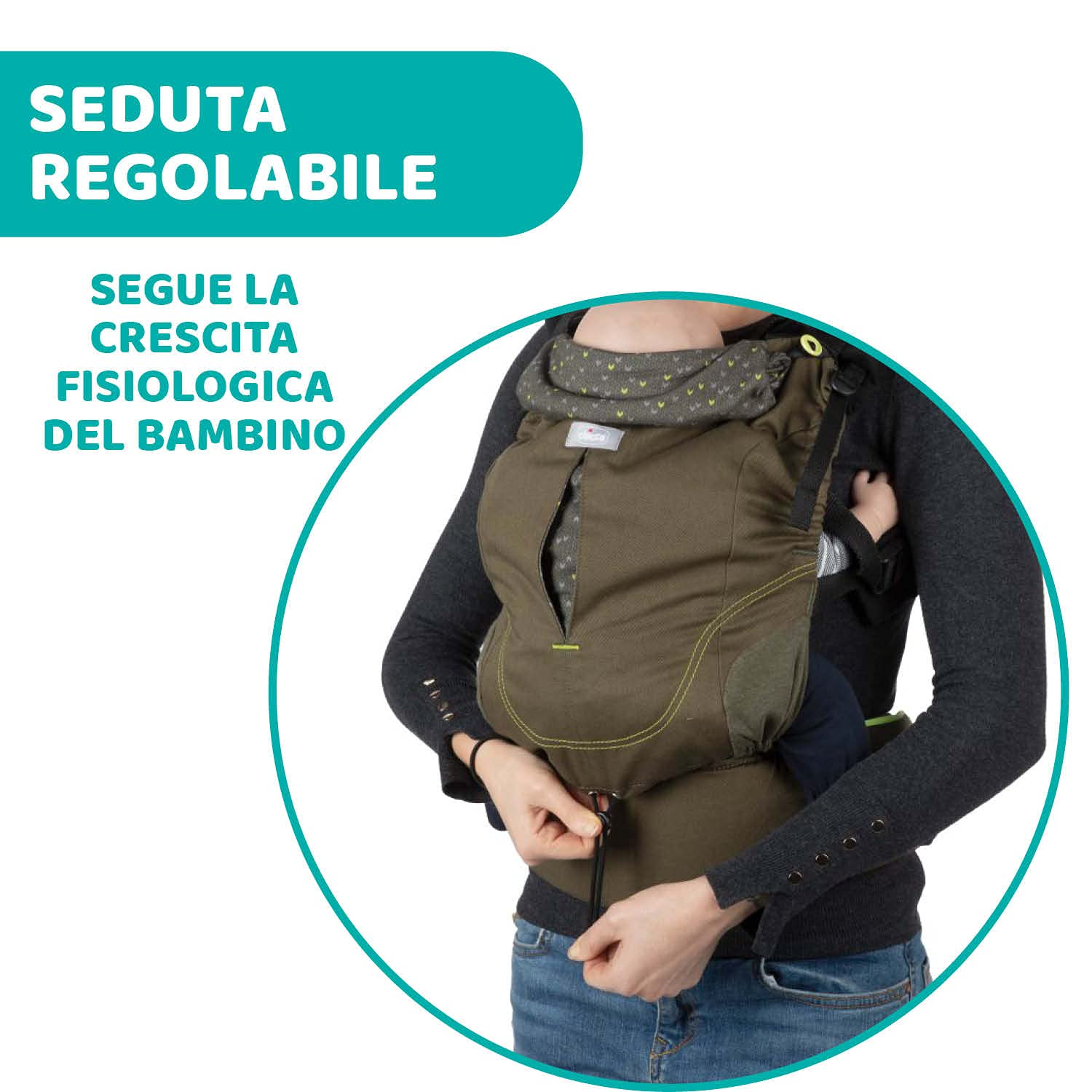 Chicco Marsupio Neonati Ergonomico Myamaki Fit, Zaino Porta Bambino dalla Nascita a 15 kg, Porta Bebè Evolutivo Multifunzione con Seduta e Pannello Regolabili, Supporto per Schiena e Collo - Leaf