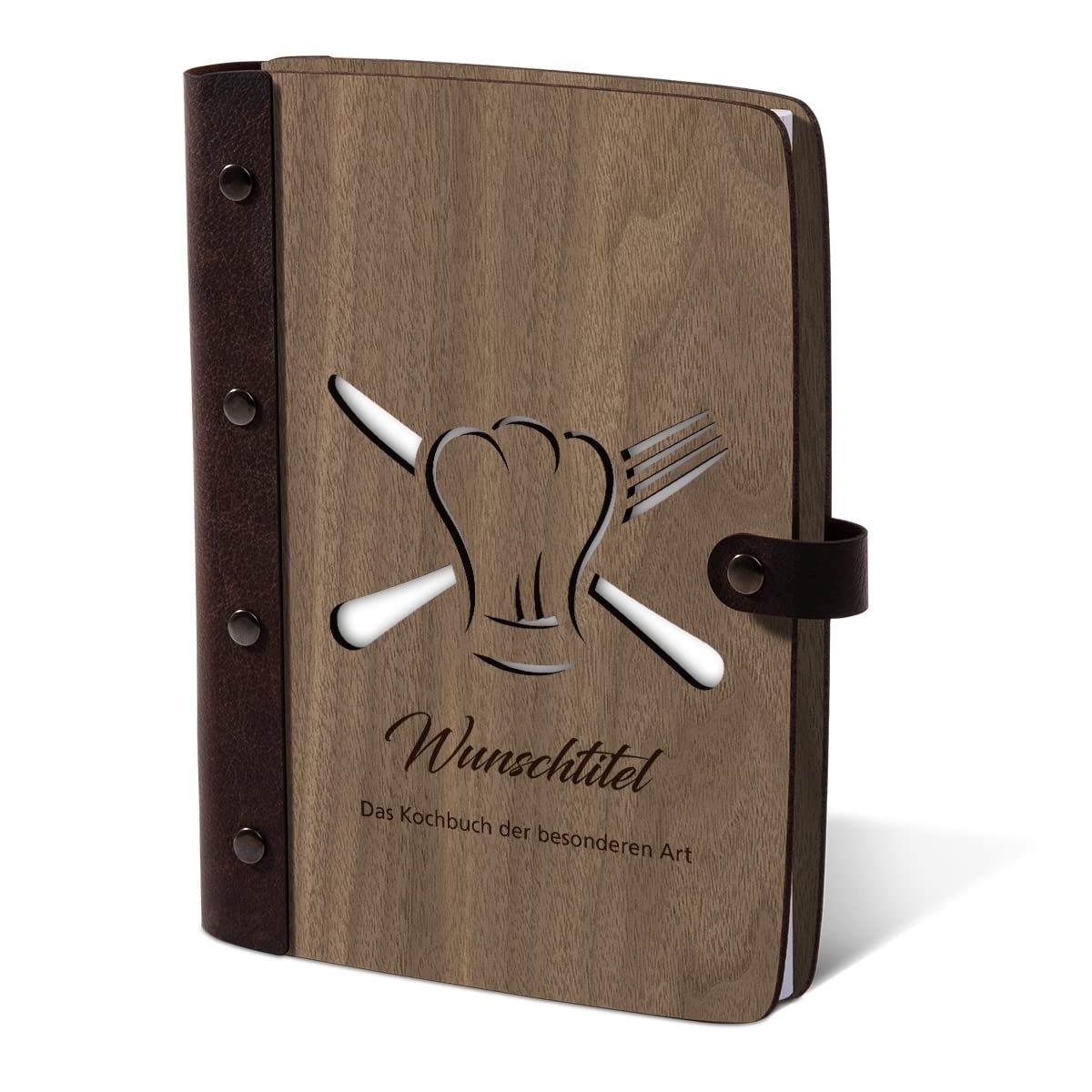Kartenmachen.de Personalisiertes Rezeptbuch, Kochbuch, Notizbuch Holzcover mit Echtleder Rücken 72 Blatt | 144 Seiten A5 hoch 158x222mm Nussbaum Amerikanisch - Kochmütze