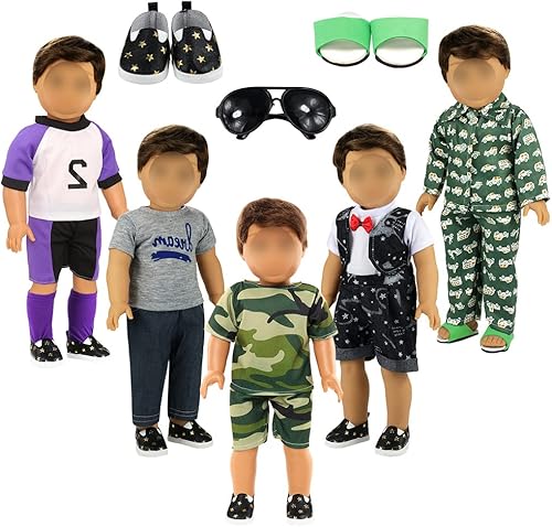 BARWA Ropa de muñeca para niño, 5 juegos, ropa de muñeca para niño, 2 pares de zapatos, 1 par de gafas, compatible con muñecas de niño de 18 pulgadas