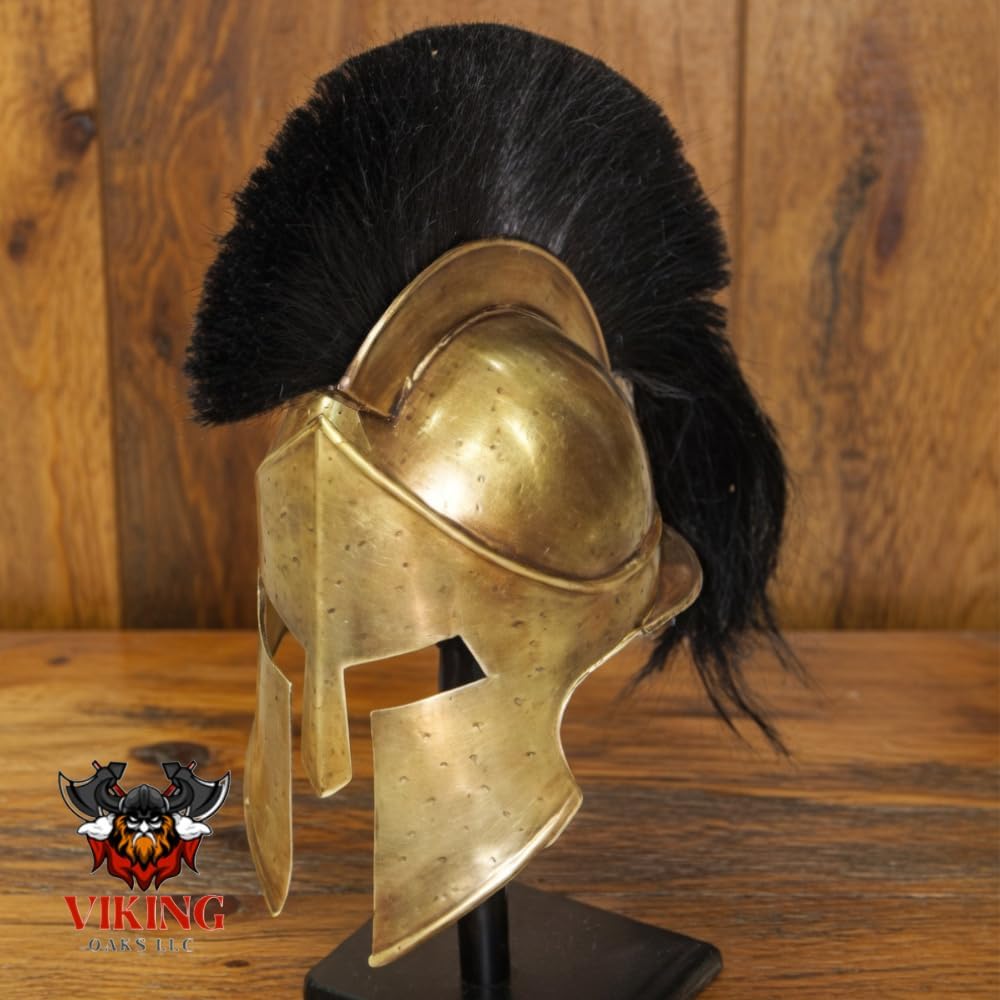 Medieval Spartan 300 Helmet, Antic Brass Finish with Black Plume, Greek Warrior Costume Accessory, 300 Movie King Leonidas