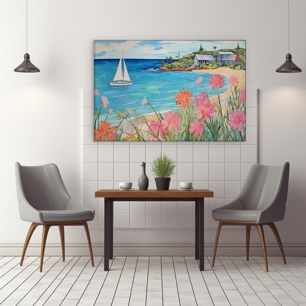 Canvas for Living Room. Idyllic Summer Serenity Sailboat Bliss and Floral Pathways to The Azure Sea, 27 x 18 inch Canvas Wall Art - Contemporary Masterpieces - Botanical Home Decor