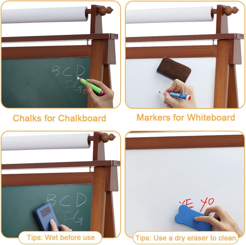 Dripex Kids Art Easel with Paper Roll Double Sided Toddler Easel Chalkboard and Magnetic Dry Erase Board for Kid Painting and Drawing, Multiple Kids Art Supplies Included Reddish Brown : Everything Else