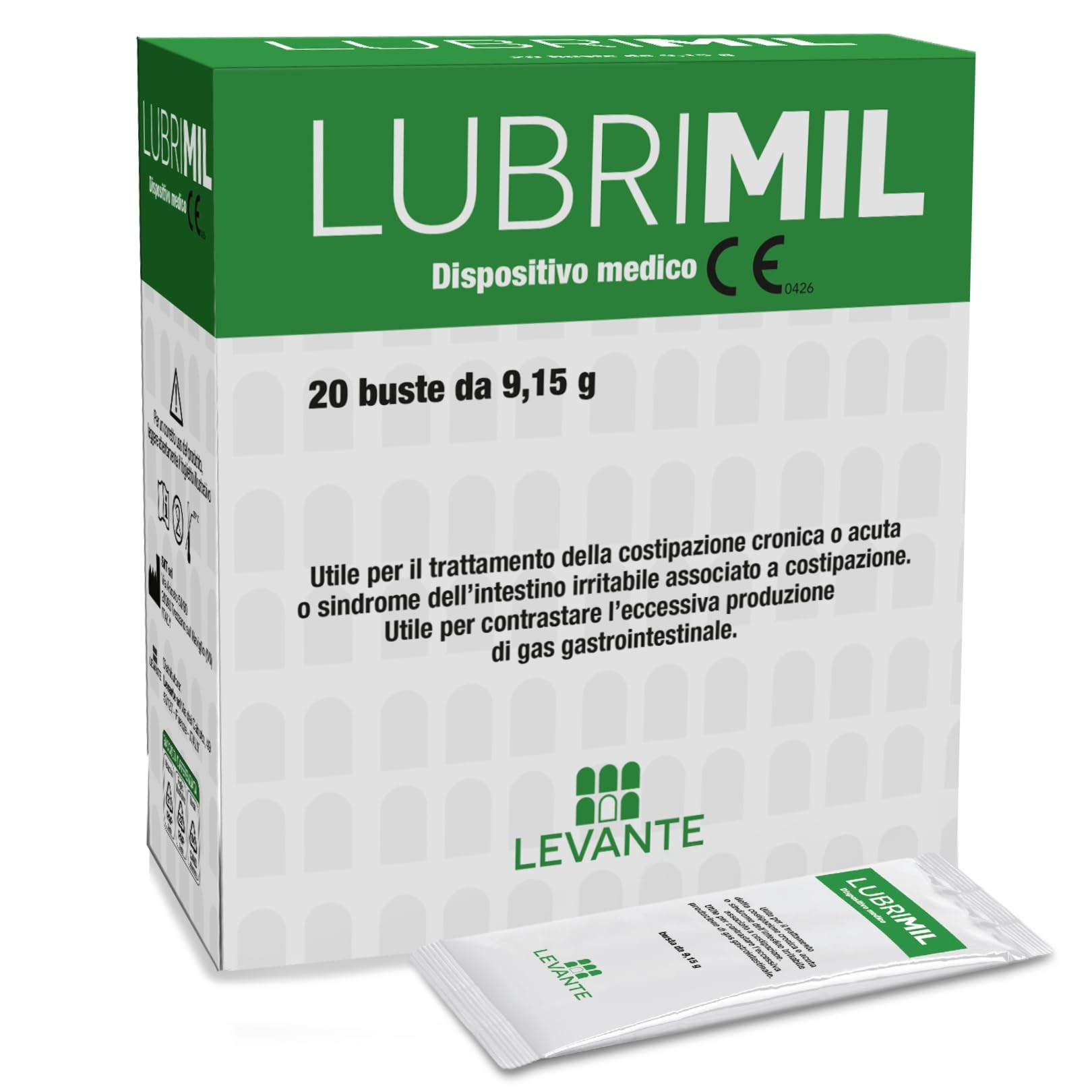 LUBRIMIL per Intestino Pigro e Stitichezza, Gonfiore Addominale, Costipazione Cronica e Acuta, Intestino Irritabile, 20 Bustine da Sciogliere in Acqua con Macrogol 3350, Psyllium e Simeticone
