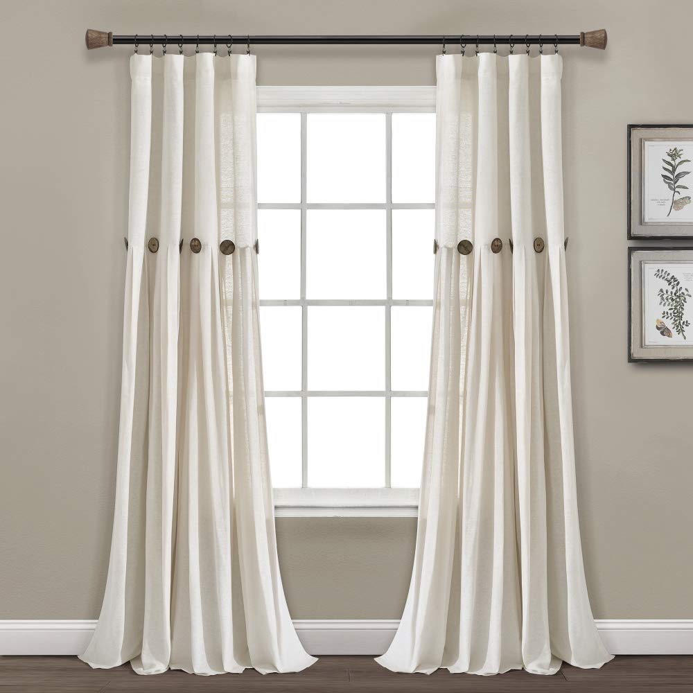 Lush Decor Linen Button Window Curtain Panel, Single, 40" W x 84" L, Off White - Rustic Decor - Color Block Modern Farmhouse Curtains For Living Room, Bedroom & Dining Room