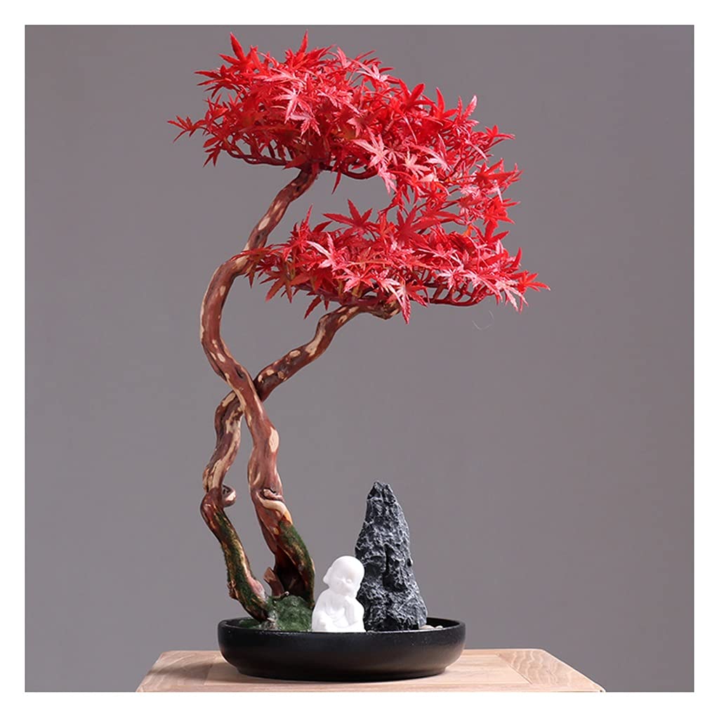 IUokLU Tree Fake Plant Artificial Bonsai Tree Red Maple Leaf White Ceramic Little Monk Rockery Small Stones Office Study Living Room Decoration Potted Tree Artificial