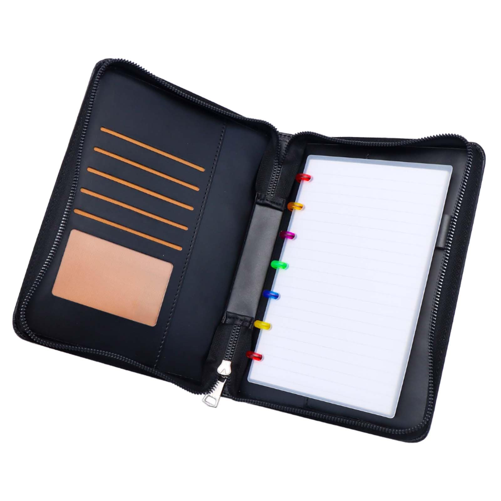 AxeWoodz Black Business Portfolio PU Leather Portfolio Folder Document Organizer Card Holder Zipper Padfolio with 7 Disc Discbound Notebook