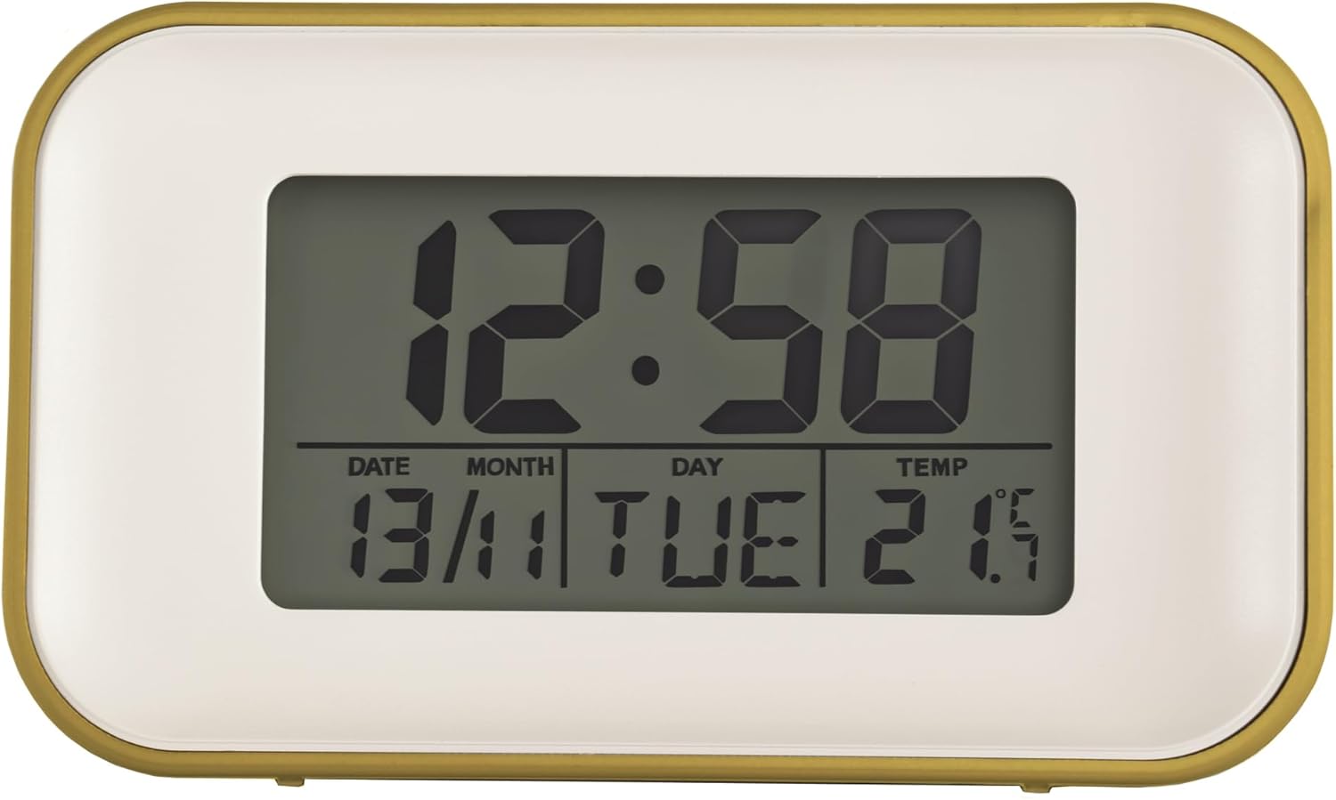 Фронт view of the Acctim Alta alarm clock showing the display with time 12:58, date 13/11, day TUE, and temperature 21.5 degrees Celsius.