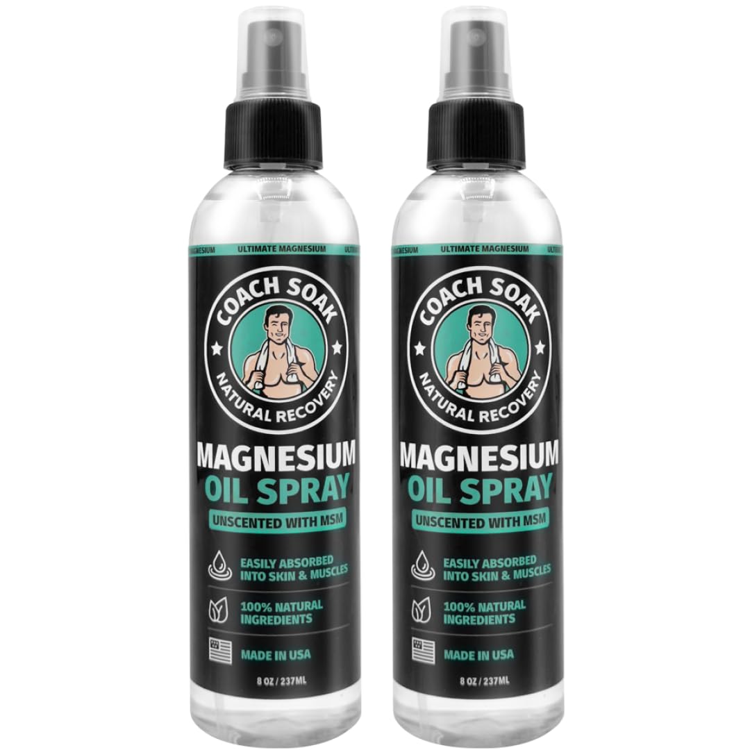 Coach Soak Magnesium Oil Spray with MSM for Extra Benefits - Unscented - Extra Magnesium Chloride Strength - 100% Pure Topical Magnesium Spray for Feet and Body - Made in USA (2-Pack, Total 16 Fl Oz)