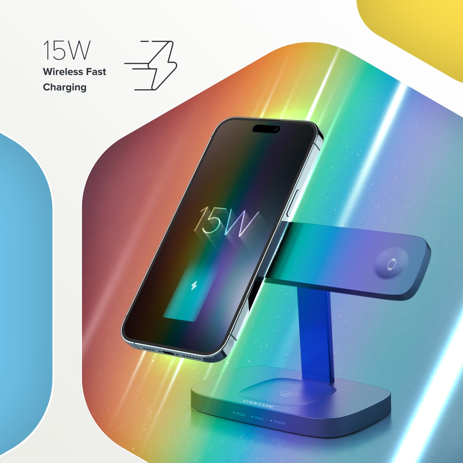 CANYON Hexagon WCS-310 - Estación de carga inalámbrica 3 en 1 para iPhone, Apple Watch y AirPods, cargador Qi rápido de 15 W, orientación magnética, indicador LED, adaptador de 20 W, gris oscuro/azul