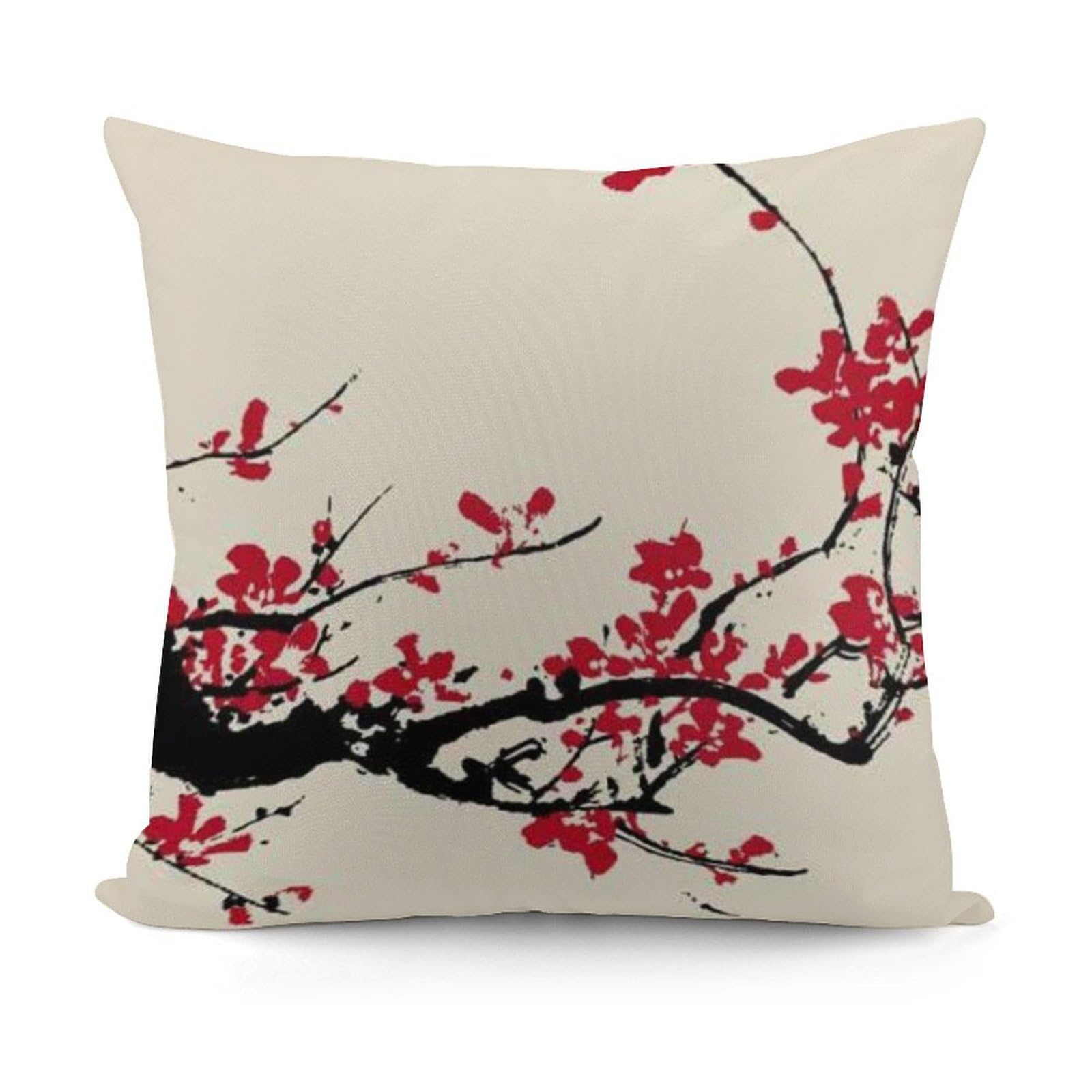 Japanese Floral Cherry Blossom Plush Cushion Covers, Double-Sided Throw Pillow Covers with Invisible Zipper, Comfortable Soft Square Cushion Cases for Sofa Bedroom Living Room 18x18 Inch (45x45cm)