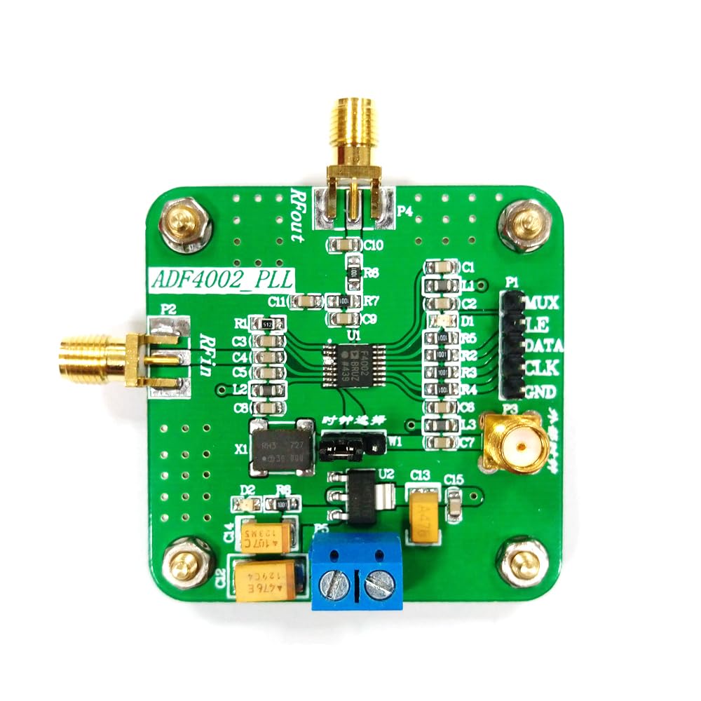 Labeled diagram of the ADF4002 module showing input/output ports and key components.