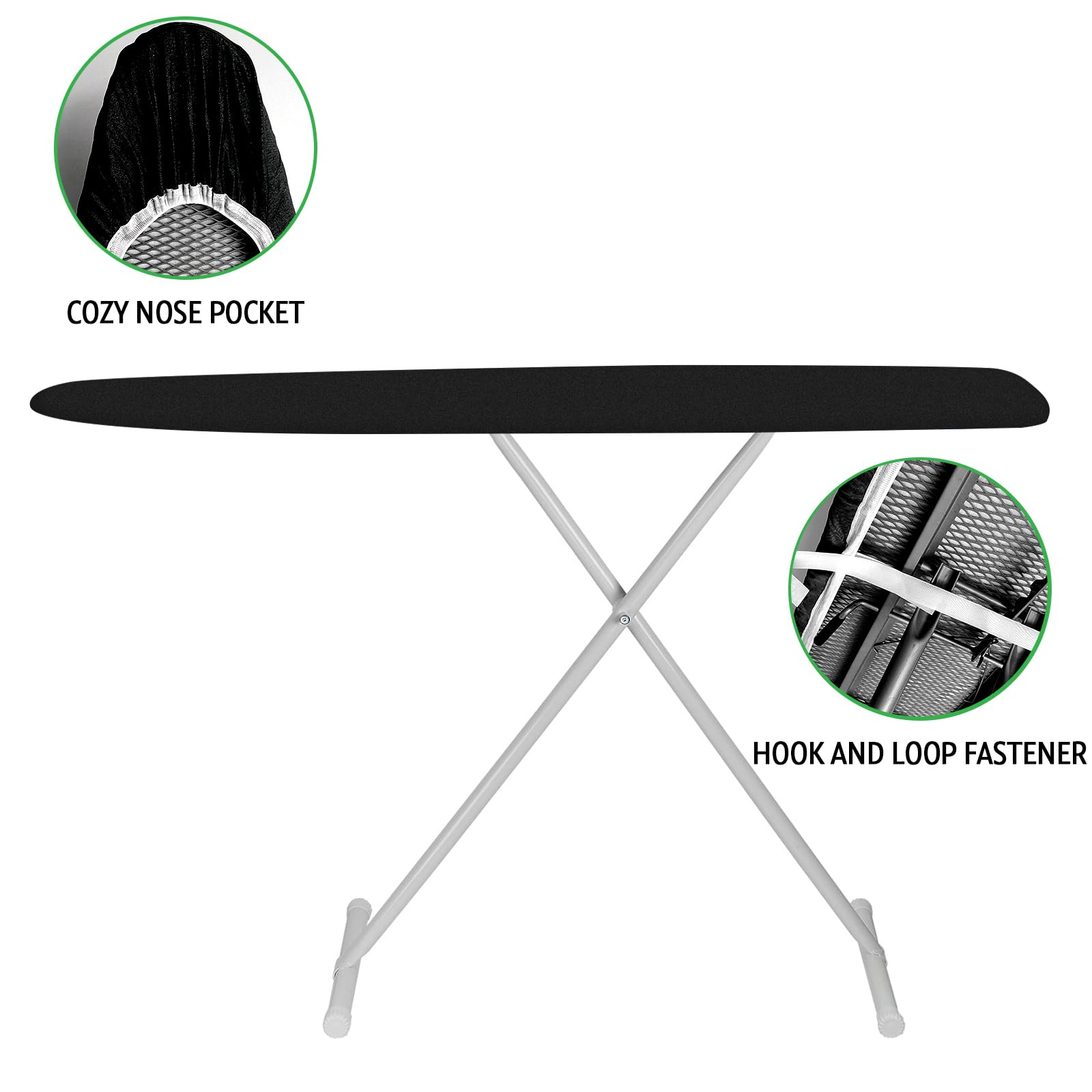 Funda y almohadilla para tabla de planchar estándar de 15 x 54 pulgadas con borde elástico y cierres de velcro, fundas de algodón resistentes a quemaduras y manchas (negro)