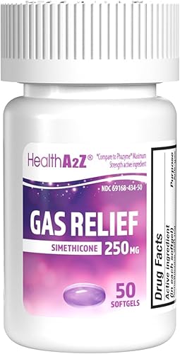 HealthA2Z® Alivio de gases Simeticona 250mg | Alivio rápido de gases | Alivia los síntomas naturalmente (50 cápsulas blandas (paquete de 1))