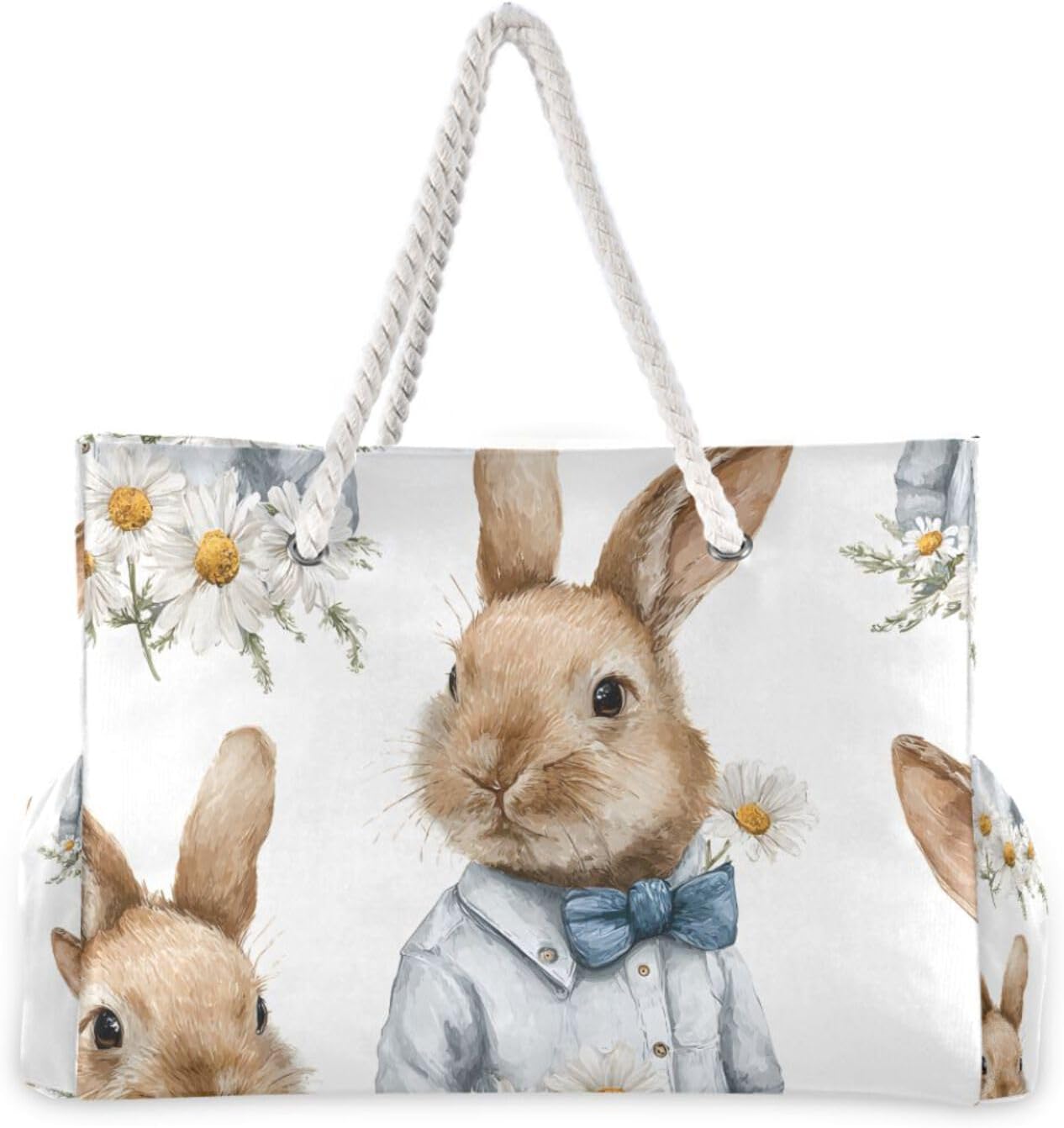 OTVEE Bunny and Daisy Pattern Beach Bags for Women Ladies Large Canvas Tote Shoulder Bag Waterproof Travel Bags for Gym Swim Pool Camping
