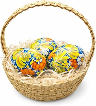 Beautiful Easter Decoration - Hand Painted Wooden Easter Eggs 3 pcs in Handwoven Straw Basket Traditionally Painted Petrykivka Folk Art Pysanky Made in Ukraine Handcrafted Easter Gift Blue