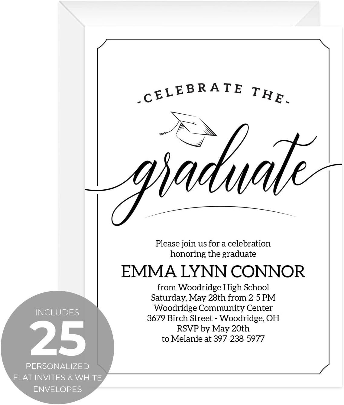 Canopy Street Personalized Graduation Party Invitations / 25 Modern Custom Grad Event Invitation With White Envelopes / 5" x 7" High School College Graduate Celebration Invites/Made In The USA