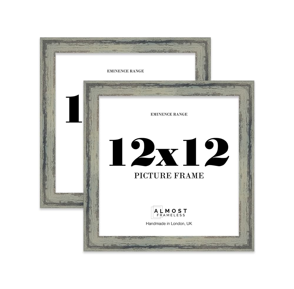 12x12" Distressed Green Picture Frame - Rustic Wood Industrial Effect Photo Frame for Wall Display, Ideal for Posters, Prints & Home Décor, Wall Hooks and Kickstand, 32mm Edge - 2 Pack