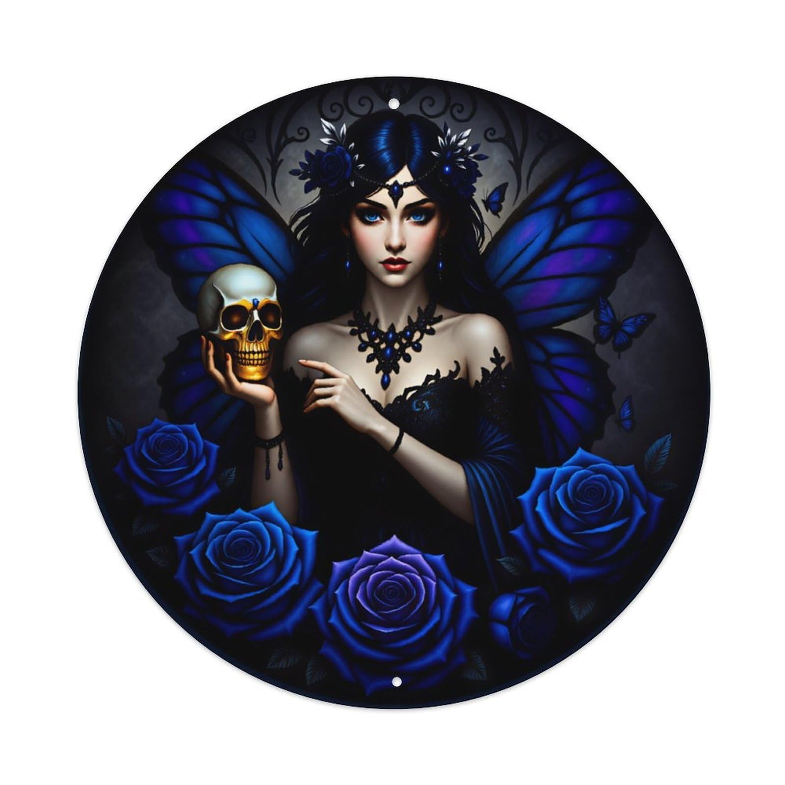Ldfuieksufg Style Round Blue Rose Butterfly Gothic Witch Dark Art Wall Sign Gothic Decor Vintage Aluminium Metal Sign, Retro Wall Decor For Home, Bar, Garage & Farmhouse 20X20cm