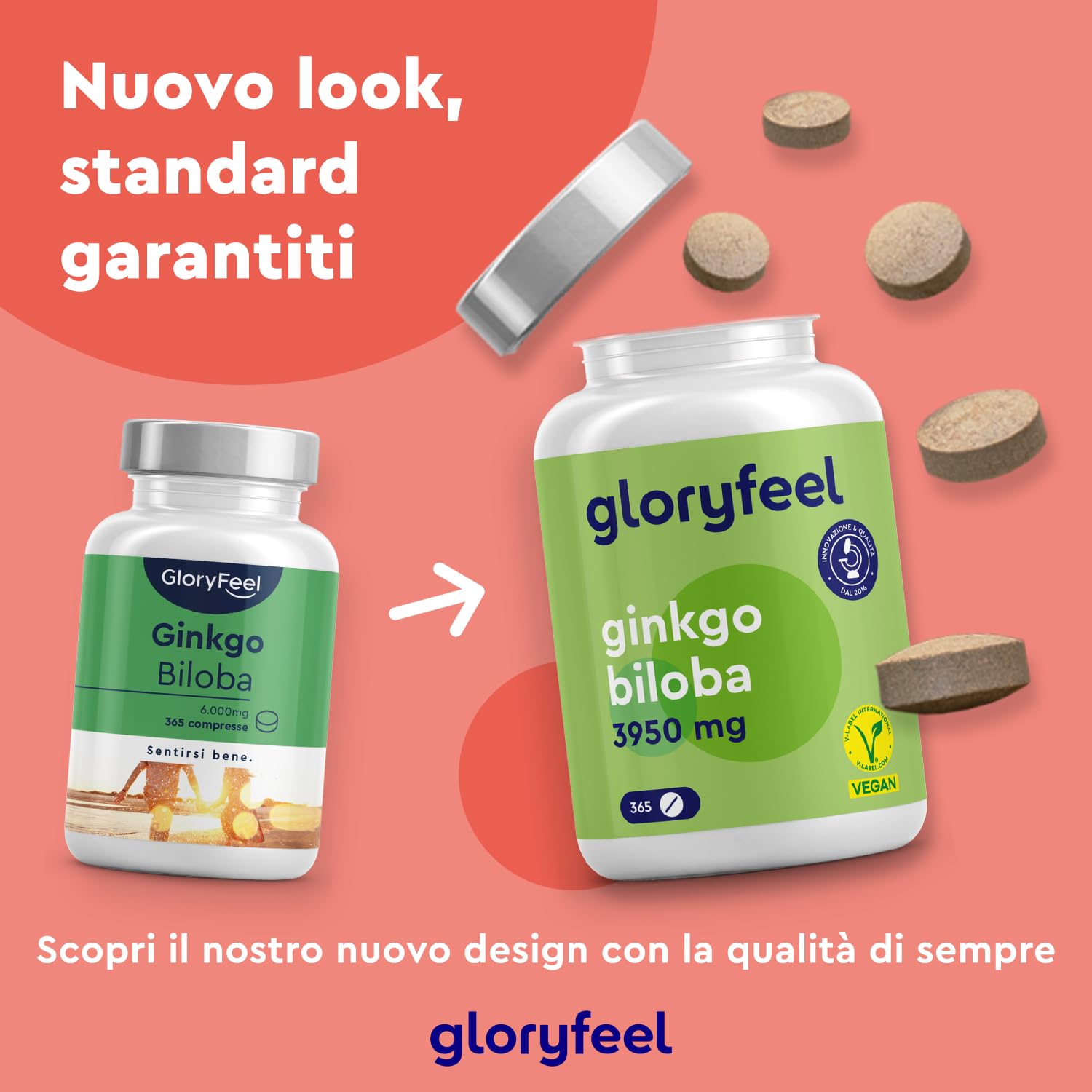 Ginkgo Biloba, Estratto 50:1 con 24% Flavonoglicosidi + 6% Terpenlattoni, 365 Compresse per 1 anno, 100% Vegan e Qualità Testata, 3950 mg, Integratore per Circolazione, Concentrazione e Memoria
