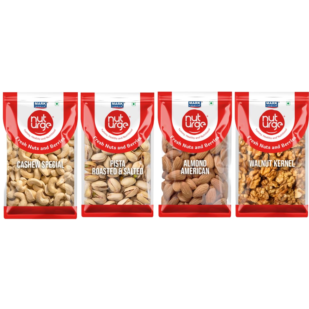 NUT URGE Cashew, Roasted Pista, Walnut Kernel & Almonds (250g) Combo Pack | Nutrient-Rich | Healthy & Delicious Snack | No Added Sugar & Preservatives | Ideal for Office, Travel, Seasoning,Pack of 1