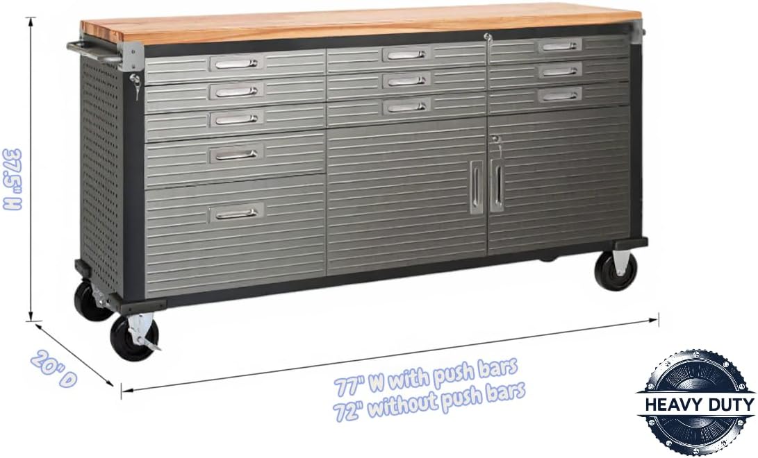 Heavy-Duty Rolling Workbench with Drawers and Cabinet, 77" W x 20" D x 37.5" H, (Graphite, 11 Drawer)