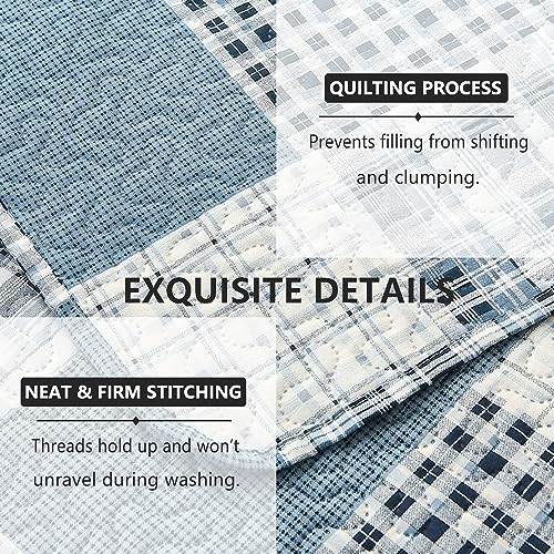 Image of Jarson 3 Piece Plaid Daybed Cover Set Twin Blue Gray White Patchwork Quilted Daybed Bedding Sets Double Side Cozy Sofa Daybed Cover with 2 Shams