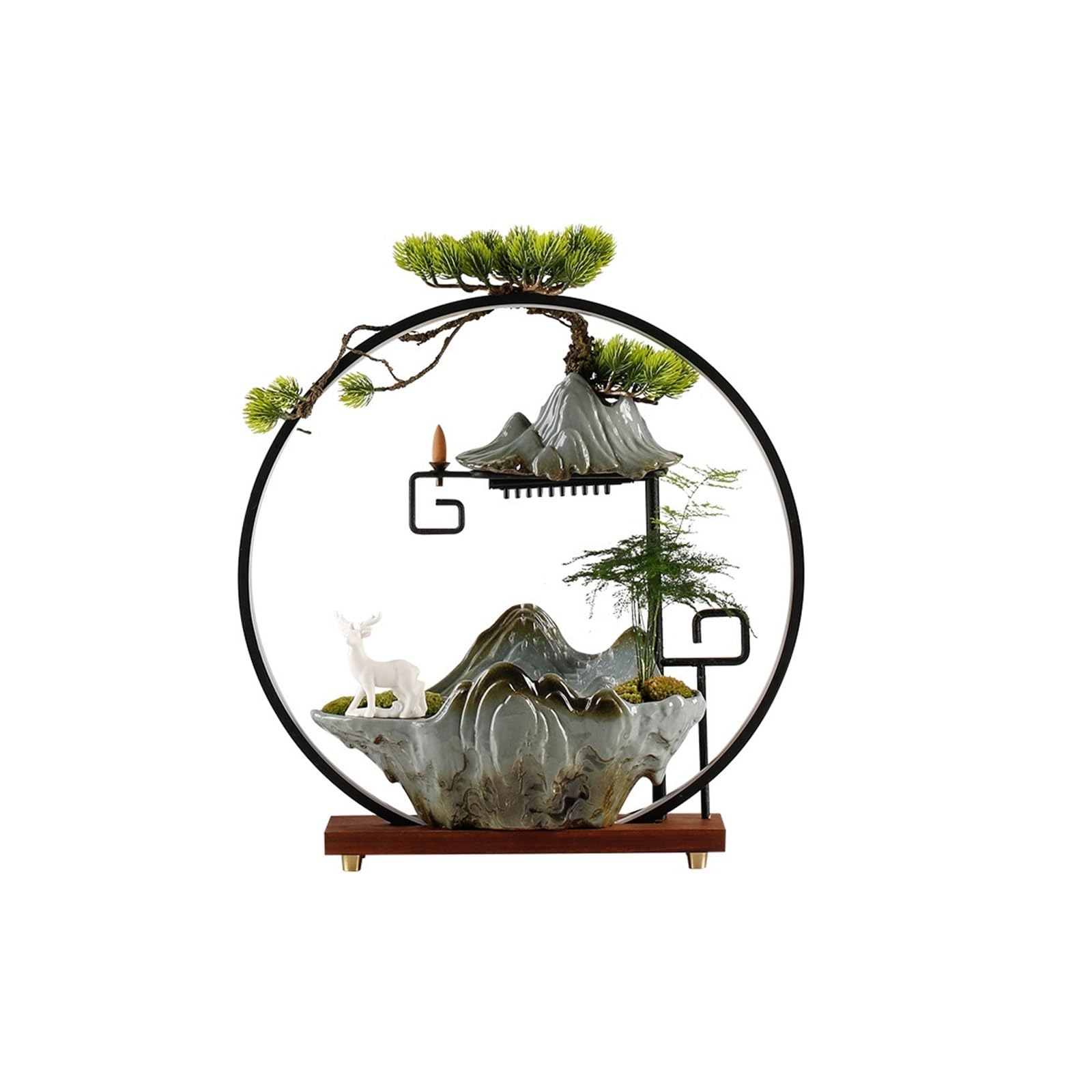 Fontaine de Table Fontaine Cascade d'intérieur en céramique Chinoise avec Anneau Lumineux LED et Porte-encens à refoulement