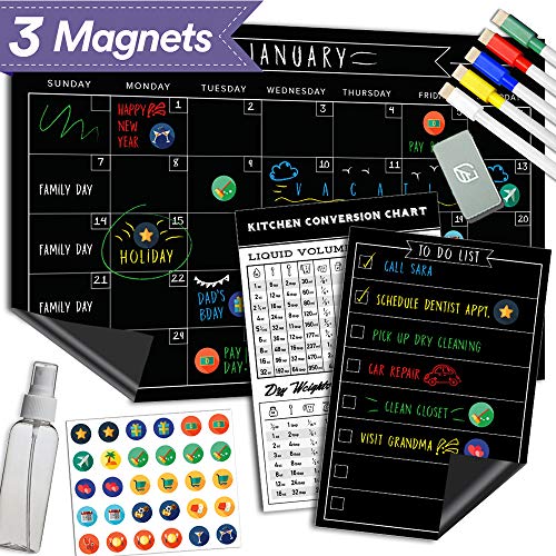 Magnetic Dry Erase Chalkboard Calendar - [11" x 17"] - Large Premium Reusable Board for Refrigerator - Perfect Magnet Set for Fridge as Kitchen Organizer & Atomic Habits Planner