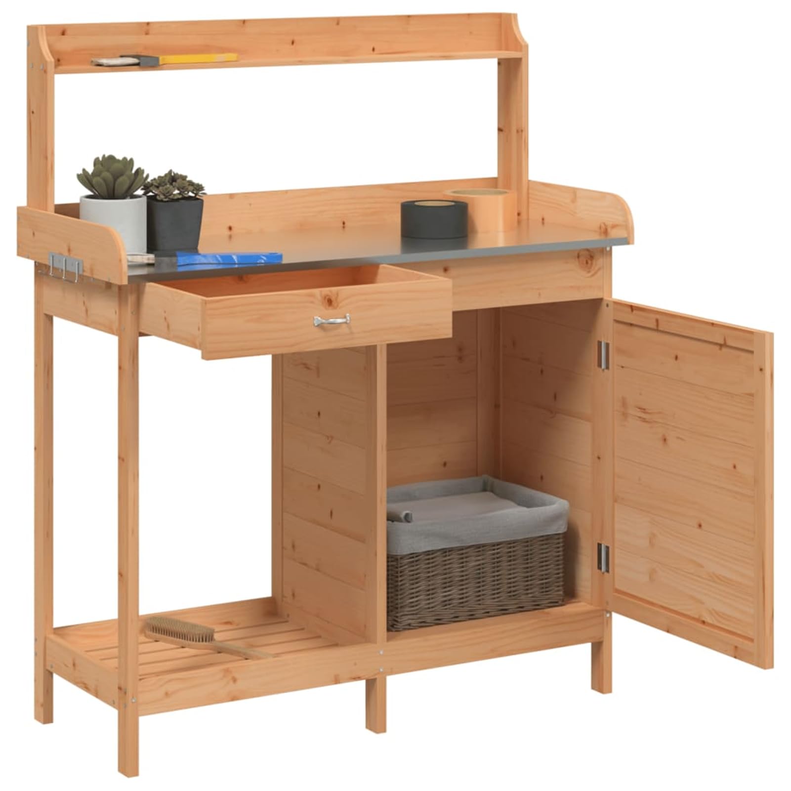 Gecheer Pflanztisch mit Schrank Braun 110,5x45x124,5 cm, Massivholz Tanne, mit Schublade, verzinkte Tischplatte, Fuer Garten, Terrasse