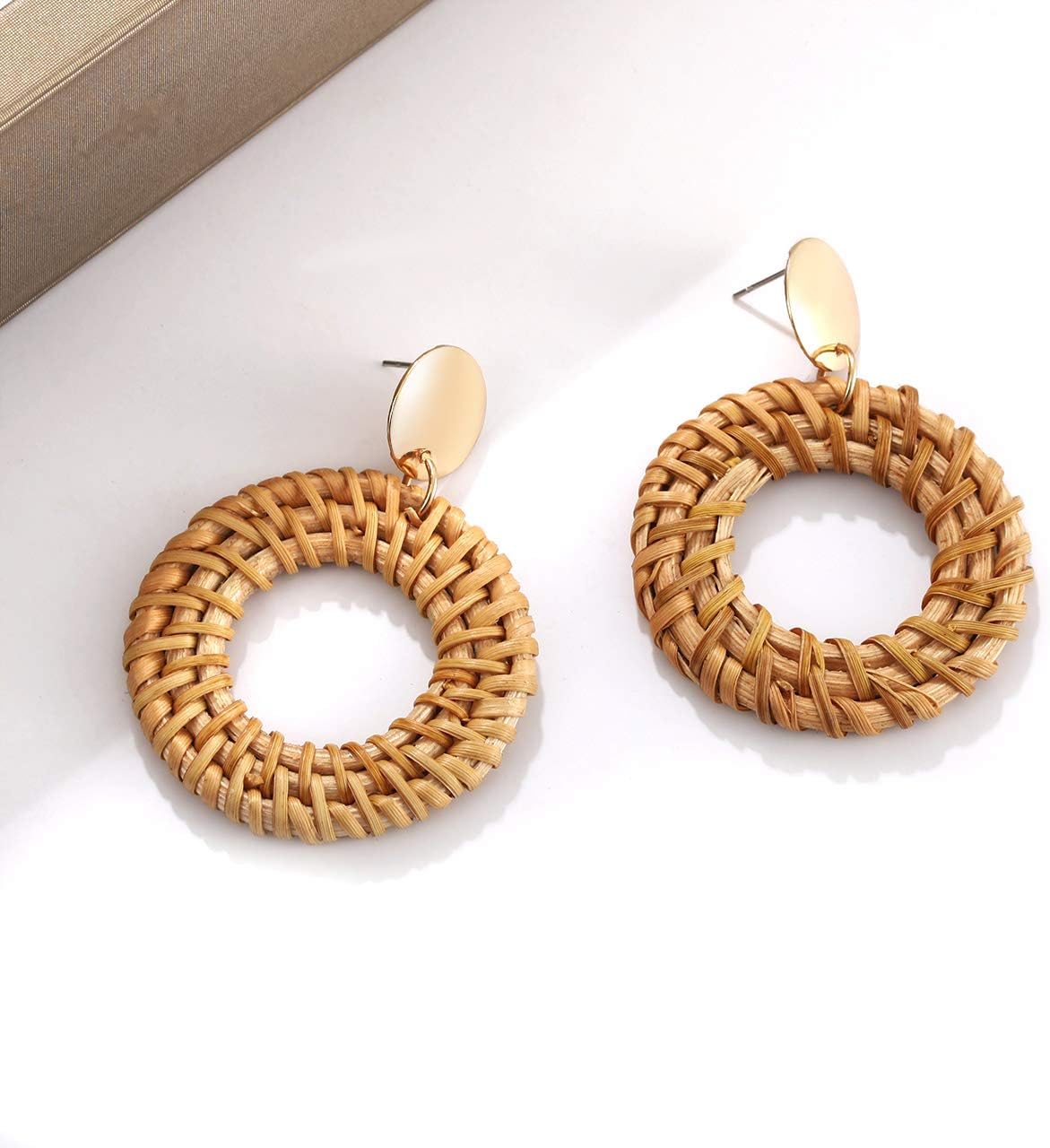 Rattan Earrings for Women Handmade Straw Wicker Braid Drop Dangle Earrings Lightweight Geometric Statement Earrings (A Round) - Image 5