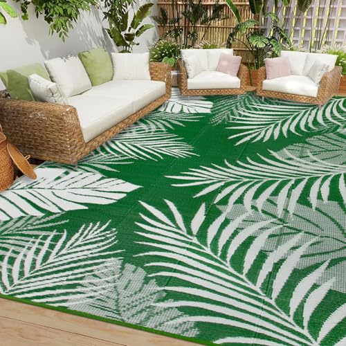 Cekene Outdoor Rugs 6’x9’ Waterproof Outdoor Patio Rug Green Reversible Mats Lightweight Plastic Straw Rug with Carry Bag Portable RV Camping Mat Modern Outdoor Area Rug for Patio Deck Picnic
