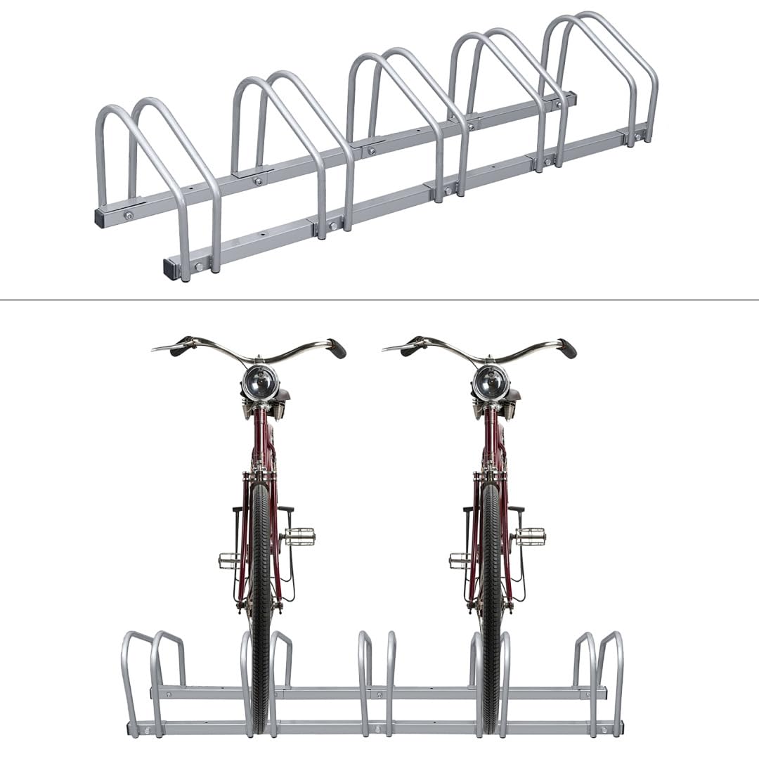 Support de vélo pour 5 vélos de 35 à 55 mm de largeur de pneus, montage au sol et au mur, plusieurs béquilles de vélo, support galvanisé, argenté Dimensions (H x l x h) : 26 x 130 x 32 cm