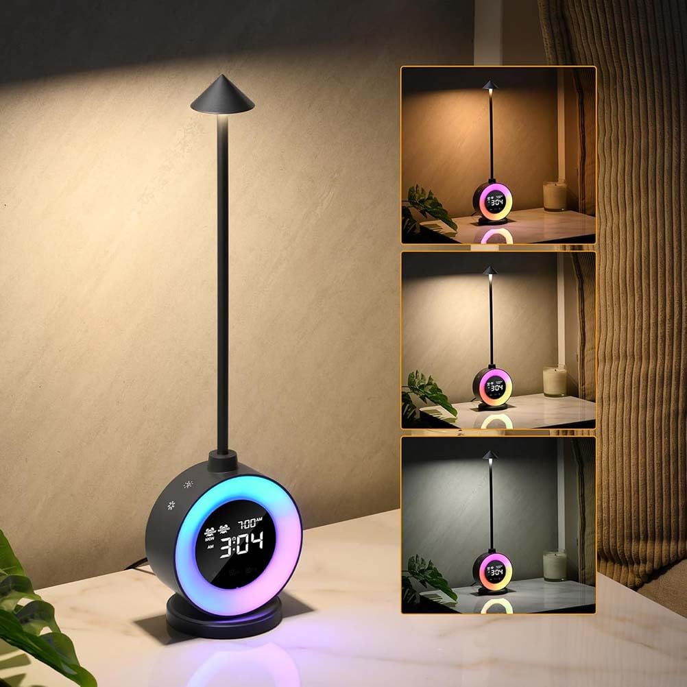 AoLa LED Nachttischlampe mit Touch Dimmbar Tischlampe lnnen mit Uhr/Schlummerfunktion/Wecker Nachtlicht Verstellbar 3 RGB Modi Deko Lampe, 7 White Noise Kinder Nachtlampe Baby Stilllicht
