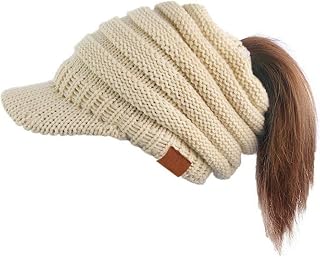 Ymombest Ponytail Beanie Visor Cap Knit Messy High Bun Winter Cap Ribbed Hat Cap
