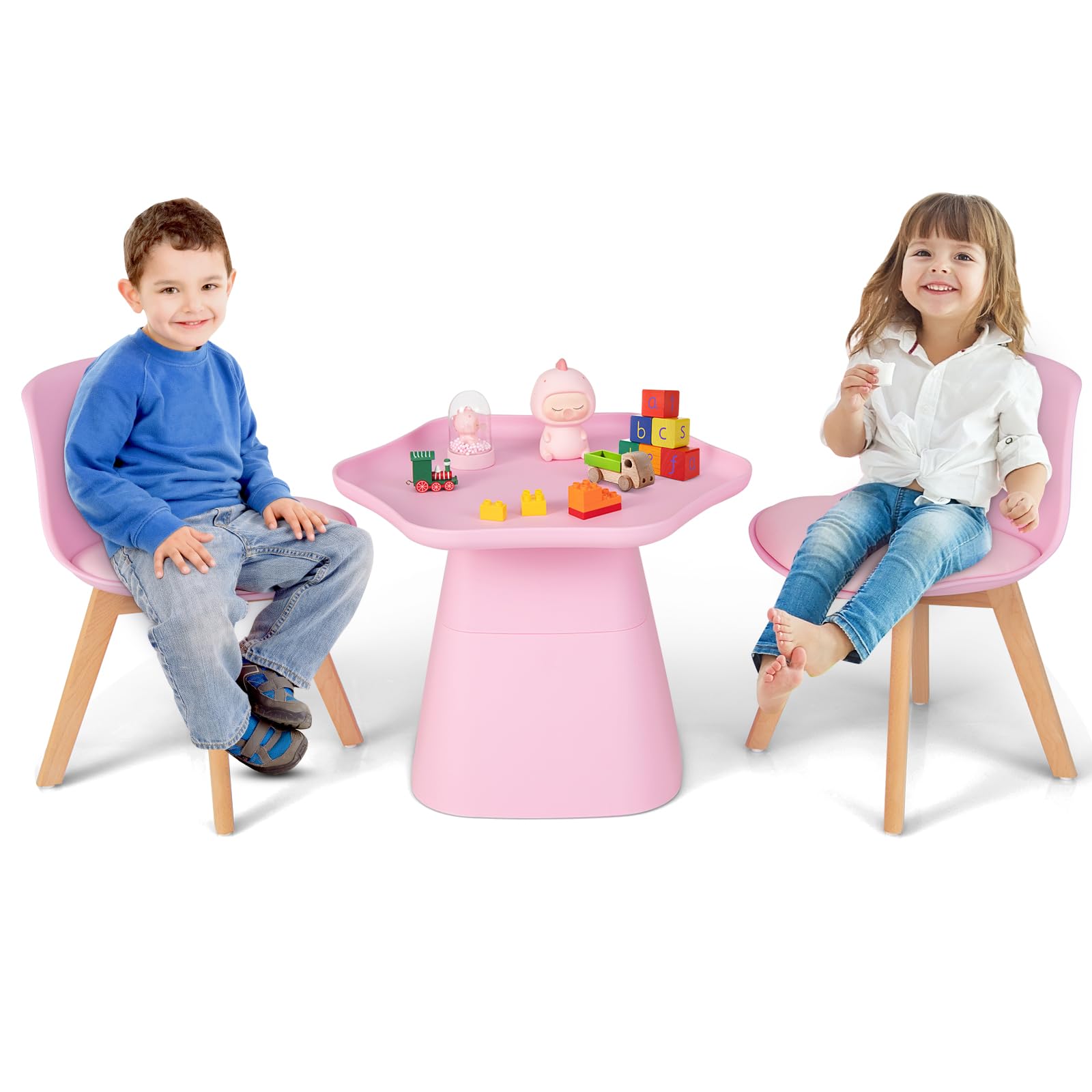 RELAX4LIFE Set Tavolo e Sedie Bambini 3 Pezzi Tavolino 2 Sedie Gambe Legno Faggio Seduta Similpelle 2 cm