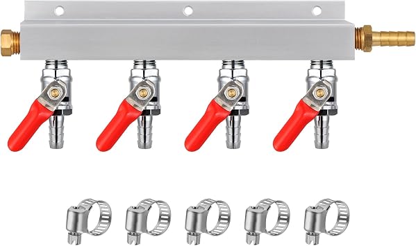 Gas Manifold CO2 Manifold, 5/16 Barb Fitting CO2 Gas Distributor, 4 way Kegerator Splitter Air Distributor with Built-in Check Valves Hose Clamps